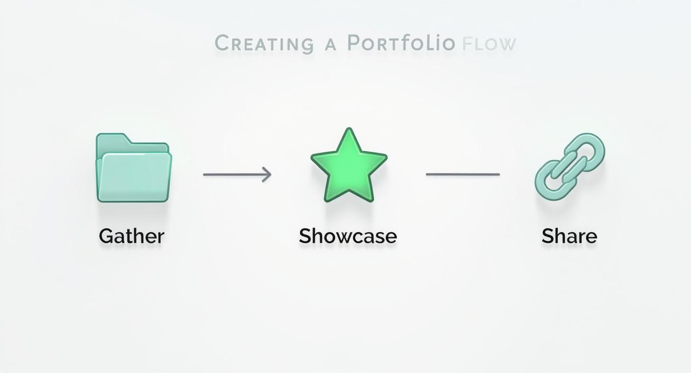 Infographic showing a three-step process to create a portfolio: Gather, Showcase, and Share, with corresponding icons.