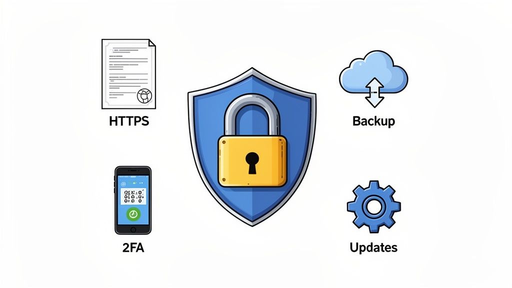 Infographic illustrates digital security methods: HTTPS, Backup, 2FA, and Updates, centralized by a padlock shield.