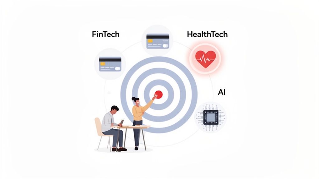 Conceptual image showing the integration of FinTech, HealthTech, and AI, with people focusing on a central target.