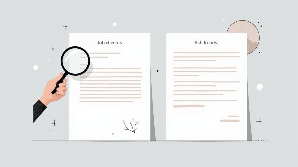 Hand holding magnifying glass examining job application documents with cover letter text on desk