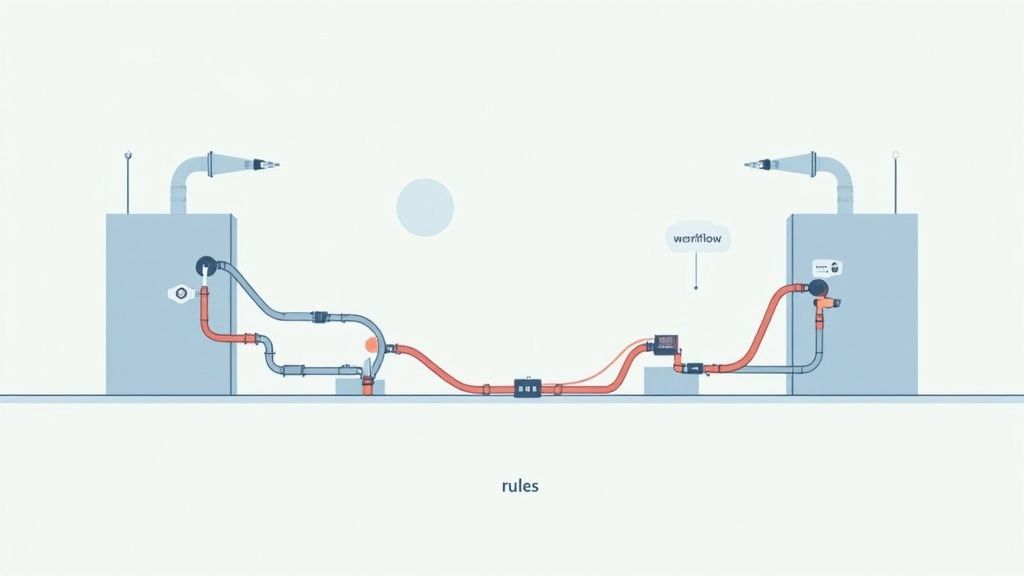 Abstract diagram showing a workflow system with two main units connected by red and blue pipes and various components, labeled 'workflow' and 'rules'.