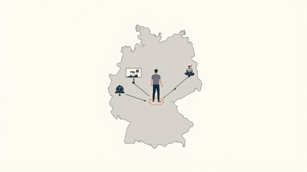 A person sitting at a desk and thoughtfully looking at a laptop screen, planning their career path.