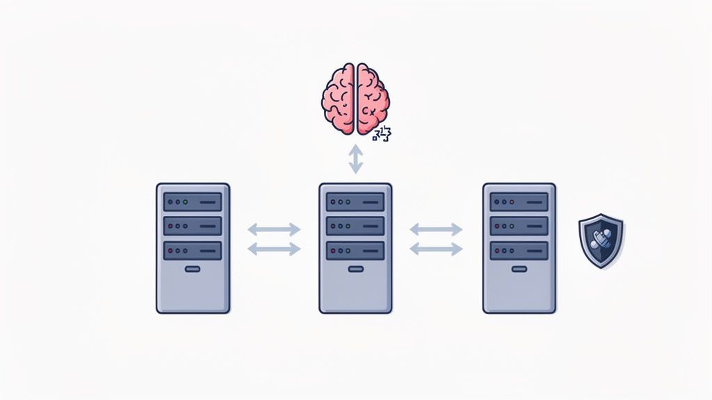 Illustration of a brain interacting with three interconnected servers, with a security shield.