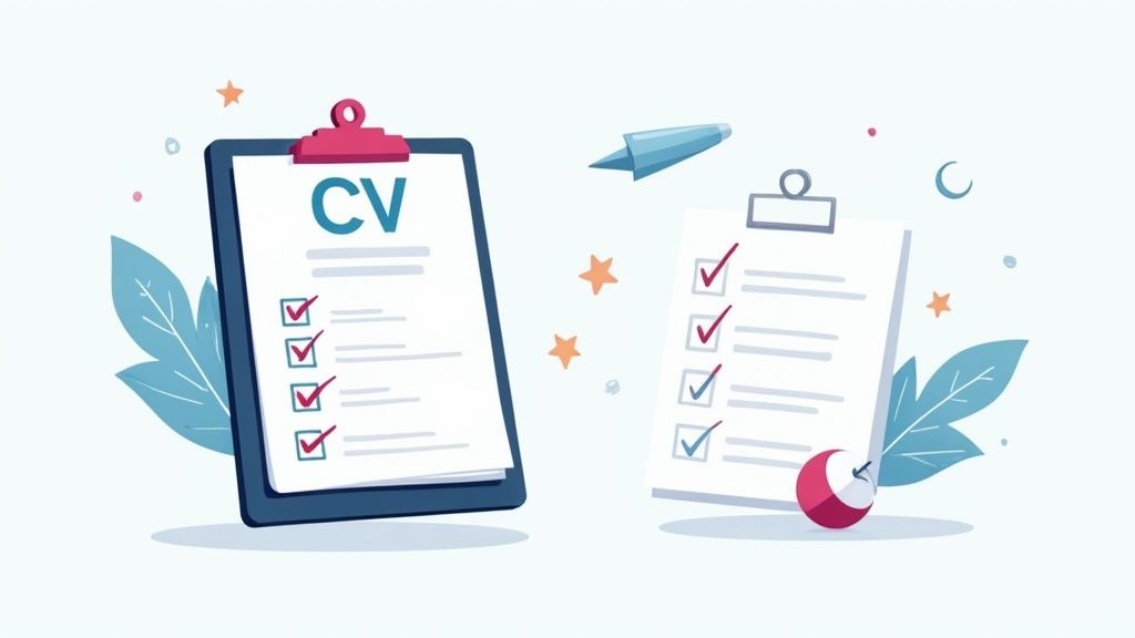 A person carefully reviewing application documents at a desk with a magnifying glass.