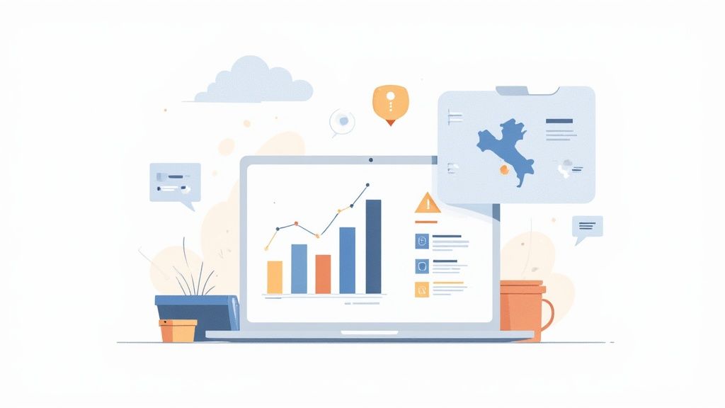 Illustration of a laptop displaying data analysis charts, a map of Italy, and work-related icons.