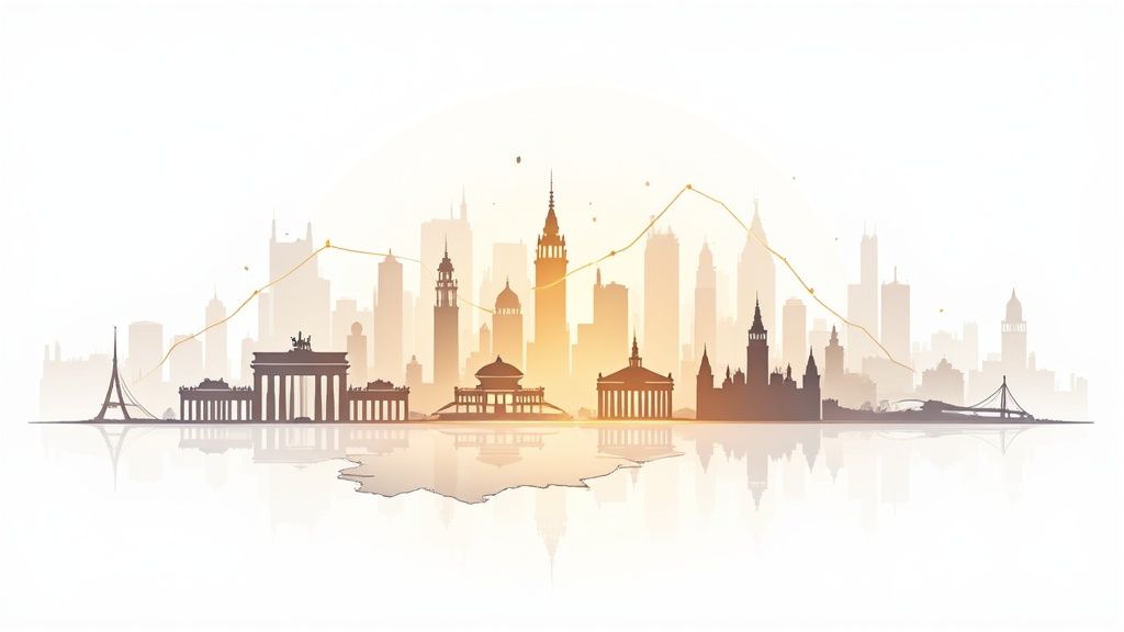 Panoramic skyline of European cities with iconic landmarks and a rising data trend line, reflected below.