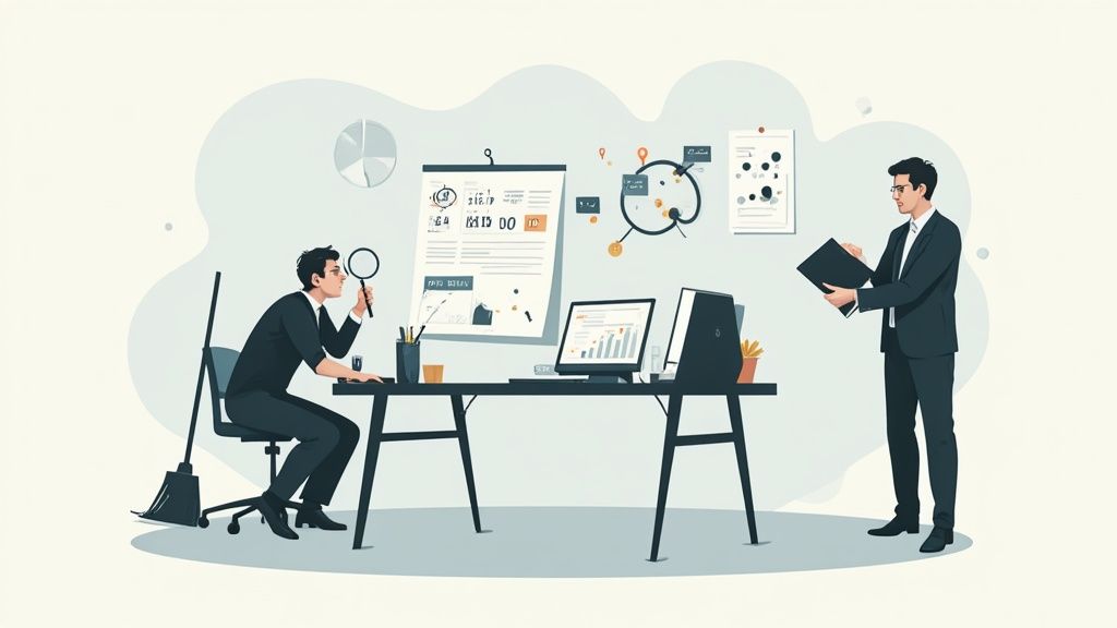 Two business professionals analyzing data and charts in a modern office environment.