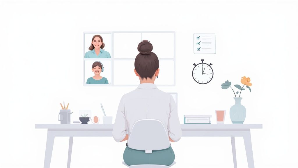 A person smiles while participating in a video call on their laptop, showcasing a positive remote interview experience.