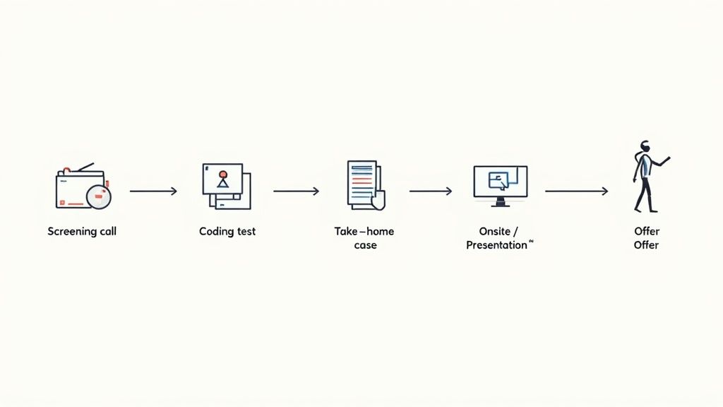 A flowchart illustrating a recruitment process with steps: screening call, coding test, take-home case, onsite presentation, and job offer.
