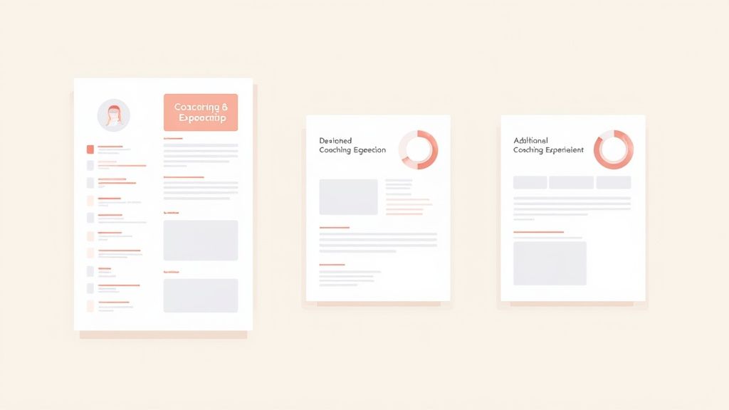 Three modern resume mockups displaying coaching, experience, and education sections with data visualizations.