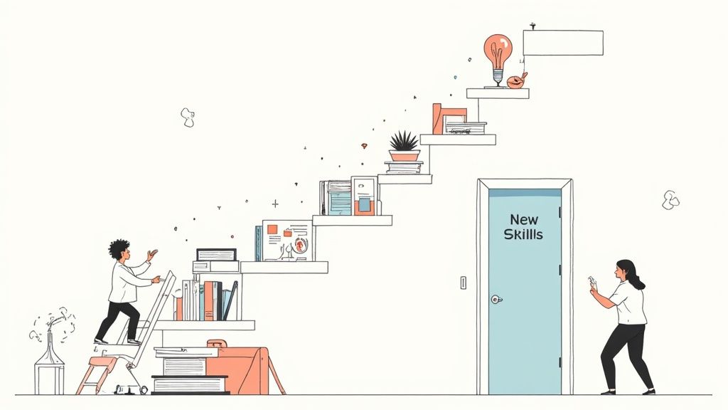 A focused individual upskilling for their career change at a desk with a laptop and books.