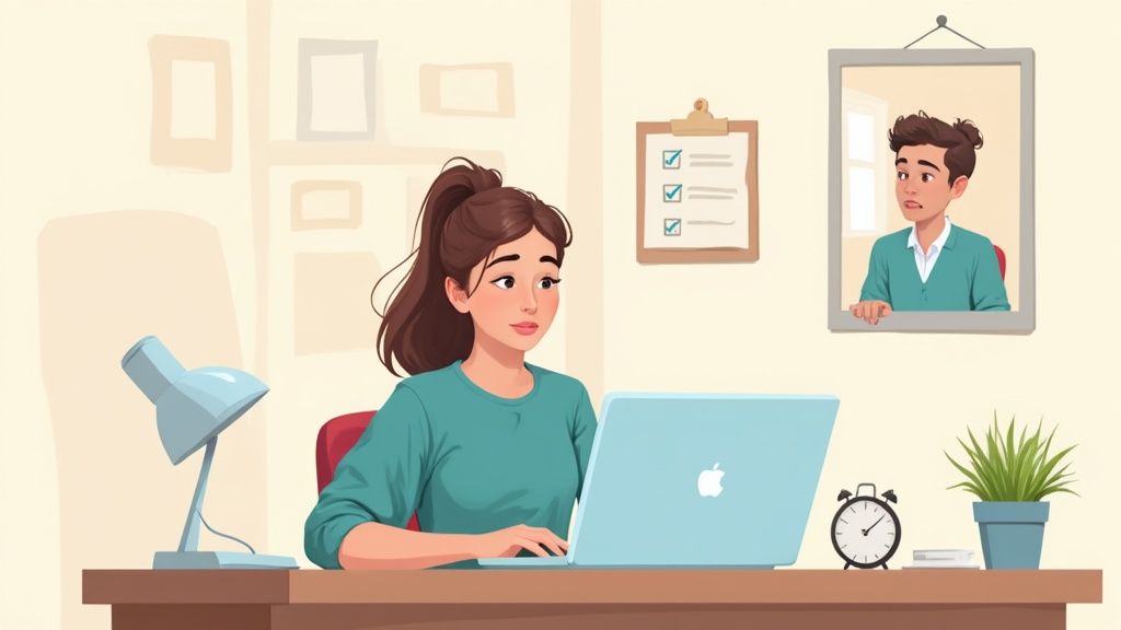 Illustration of a student remotely working on her laptop at a home office desk.