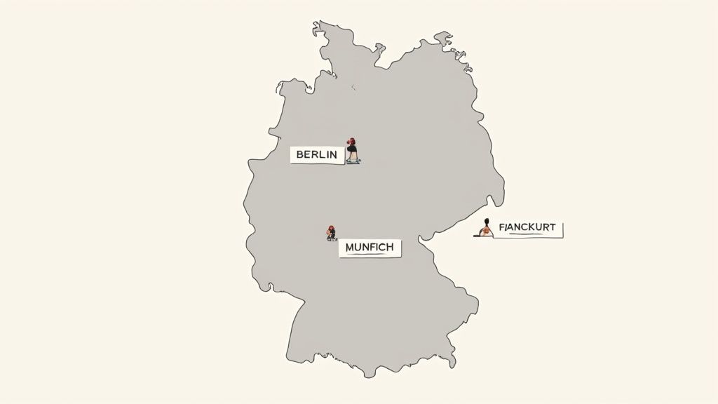 Map of Germany with pins on Berlin, Munich, and Frankfurt.