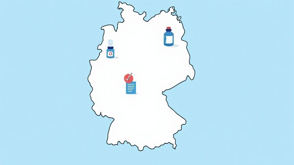 Medical writers in a modern German office collaborating on documents