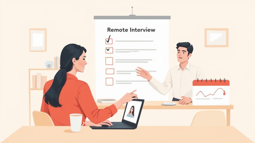 Two professionals in a remote interview setting with a checklist whiteboard and a laptop video call.