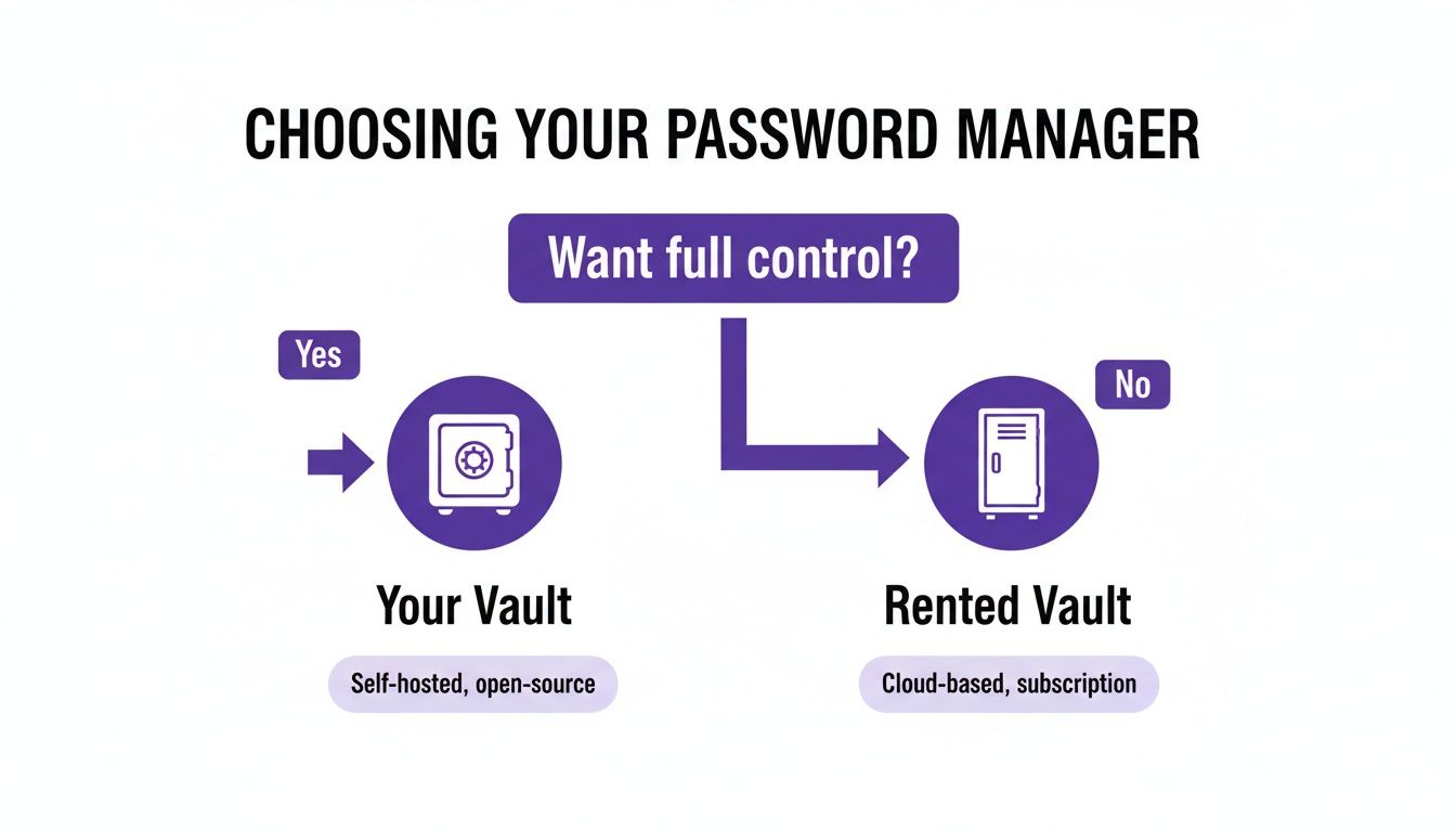 Flowchart illustrating password manager choices: self-hosted for full control versus cloud-based subscription.