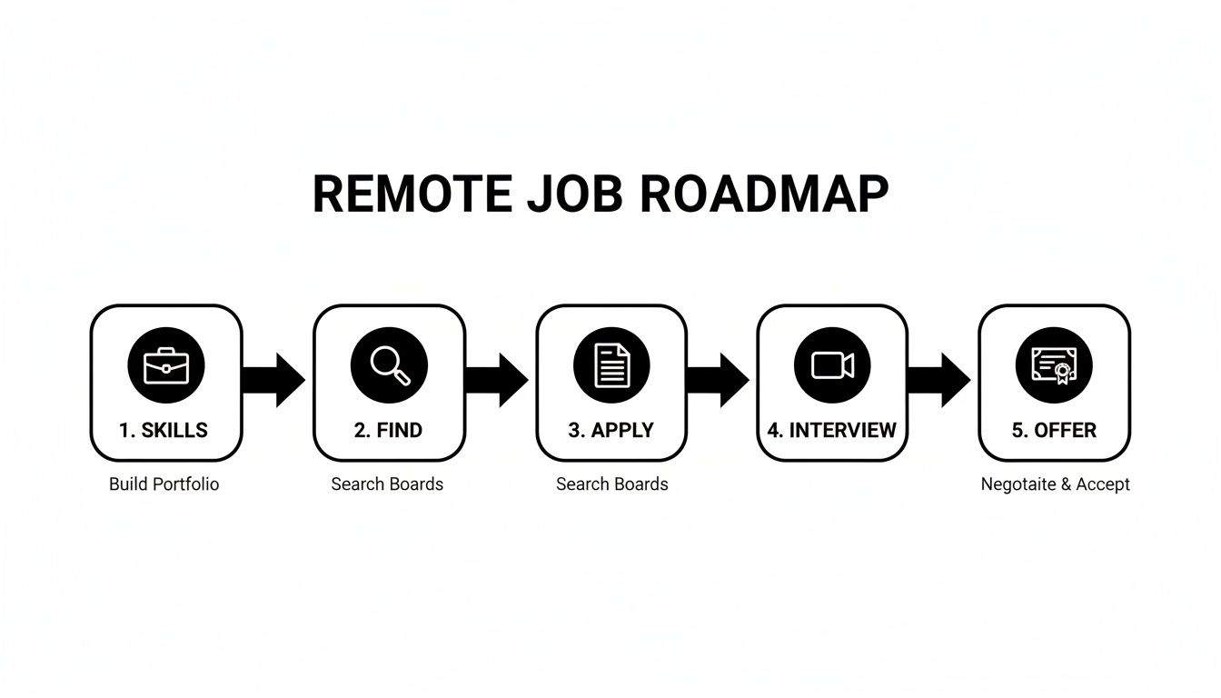 A five-step remote job roadmap outlining the process from building skills to accepting an offer.