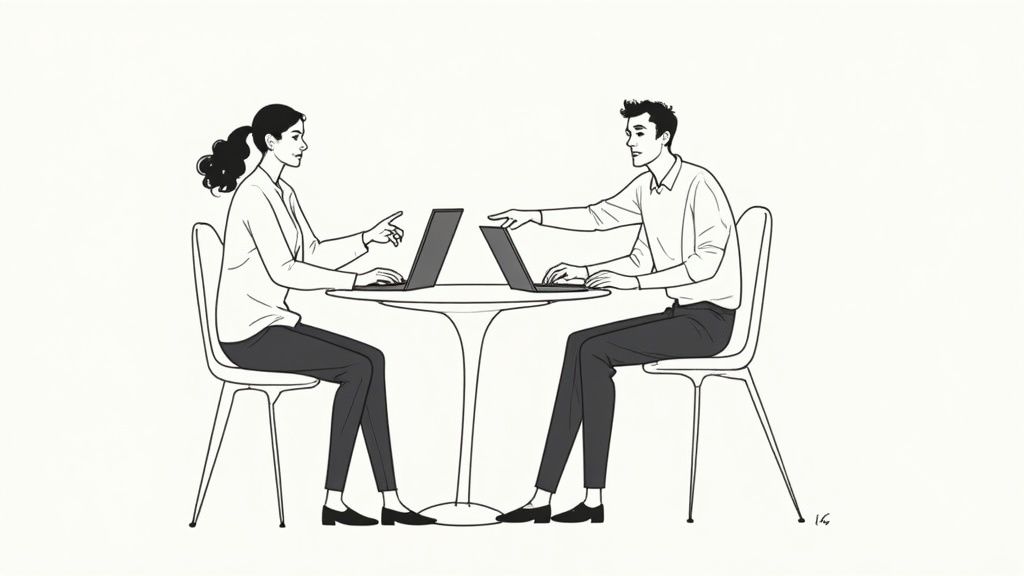 A close-up shot of two people collaborating at a desk with laptops and documents, illustrating a productive partnership.