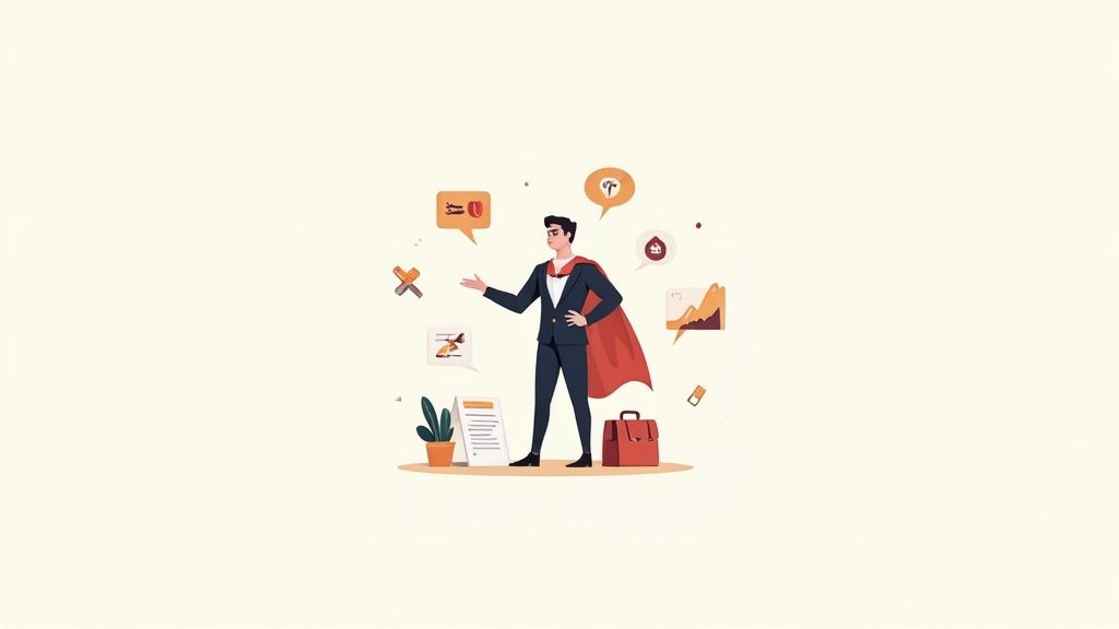 A confident businessman wearing a superhero cape, surrounded by various business and coaching symbols.