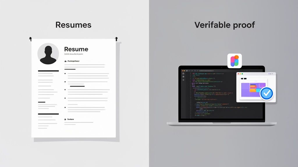 A visual comparison of traditional paper resumes against digital, verifiable proof on a computer screen.