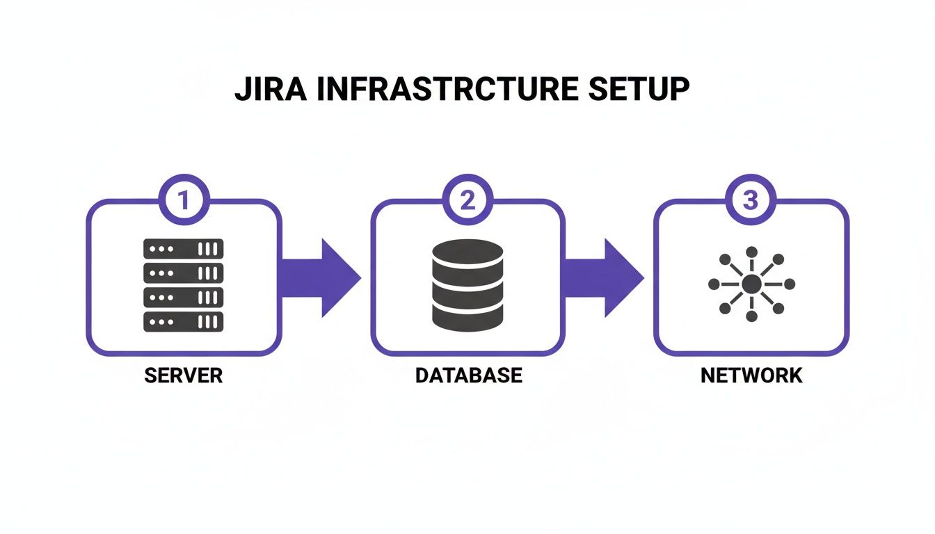 A diagram illustrating the three steps for Jira infrastructure setup: server, database, and network.