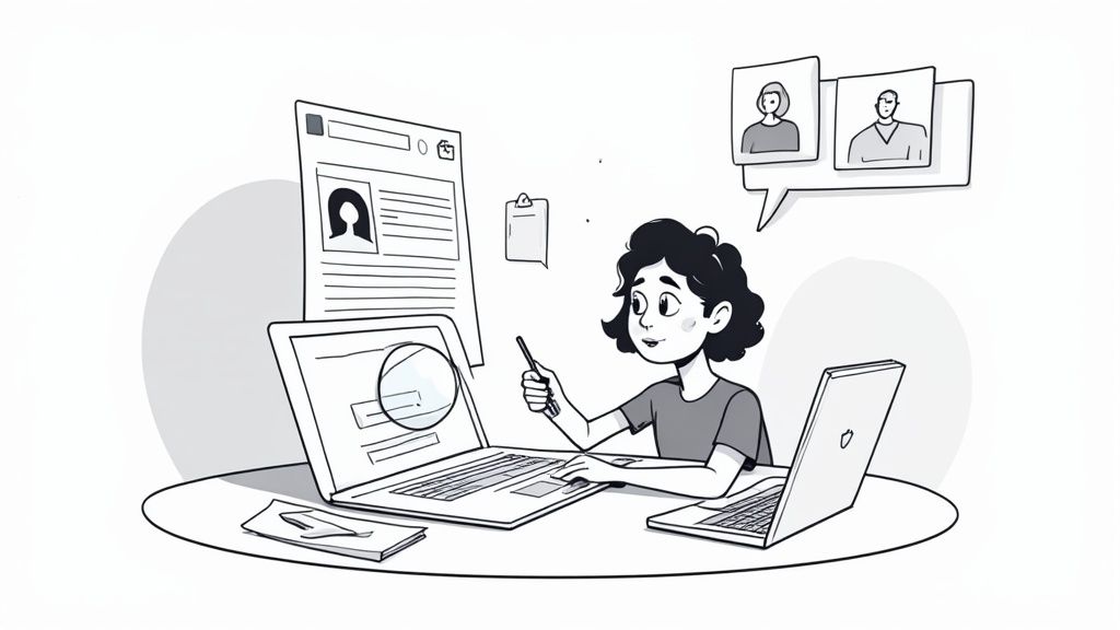 A person researching a company on a laptop with a focused expression.