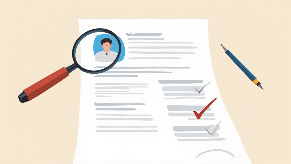 A magnifying glass reviews a resume with a candidate's profile and checklist.