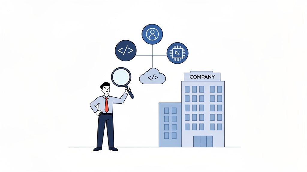 Businessman with a magnifying glass analyzing a company's IT ecosystem, including user, code, chip, and cloud icons.