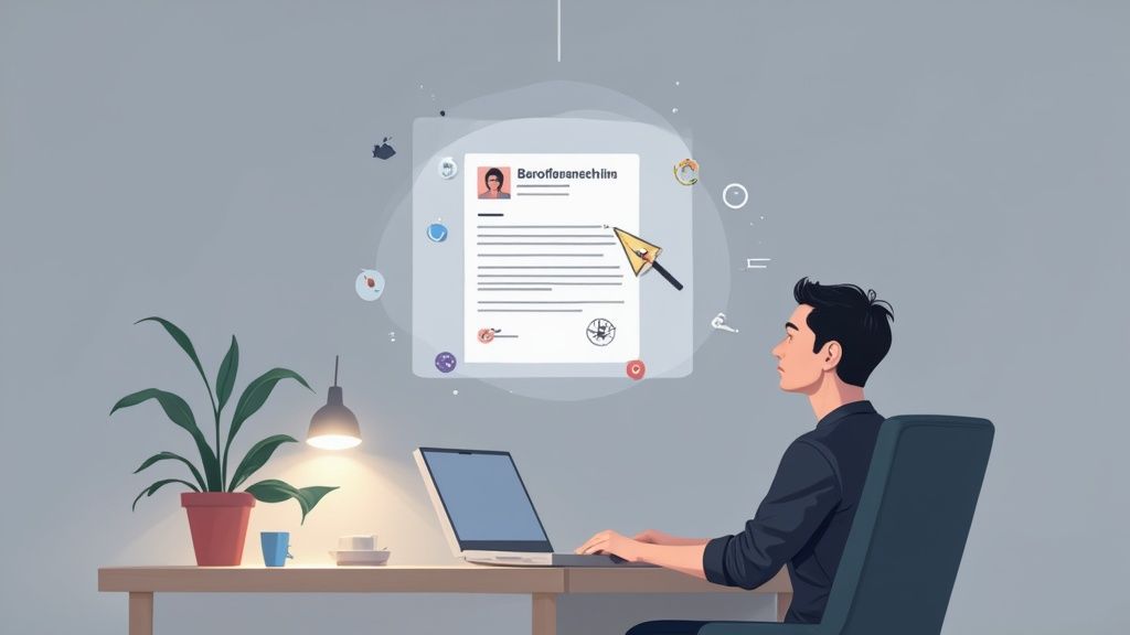 A person at a desk thoughtfully compiling notes and documents into a folder.