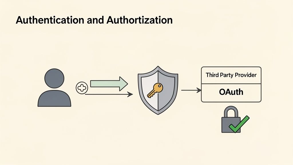 Diagram illustrating user authentication and authorization process using OAuth with a third-party provider.