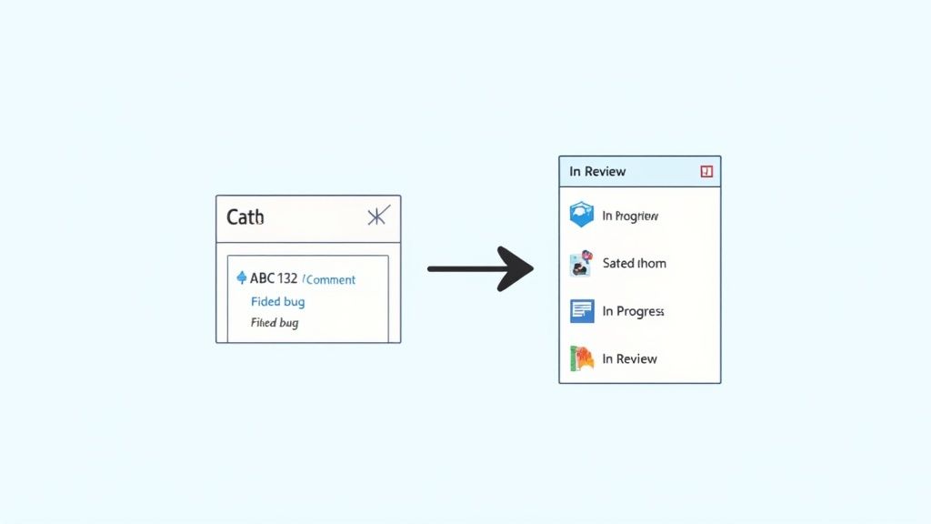 A diagram illustrating a workflow, with tasks from 'Cath' like 'Filed bug' moving to an 'In Review' stage.