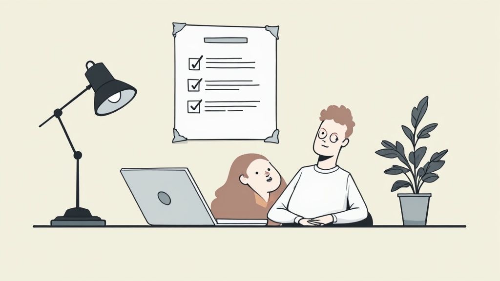 Illustration of two people working together at a desk with a laptop, lamp, and a checklist.