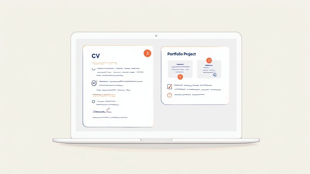 A white laptop displays digital documents for job applications, including a CV and portfolio project.