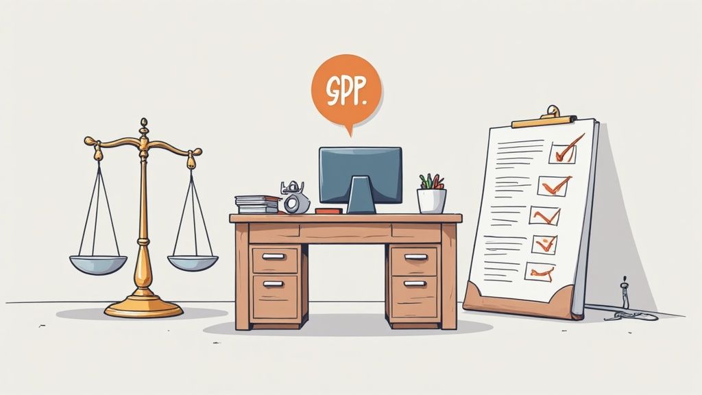 A person at a desk reviewing legal documents on a laptop, with a blurred German flag in the background