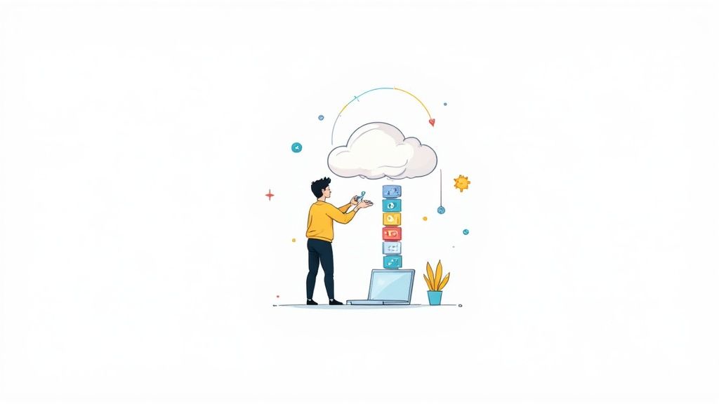 Digital illustration of a person interacting with cloud technology and stacked app icons above a laptop.