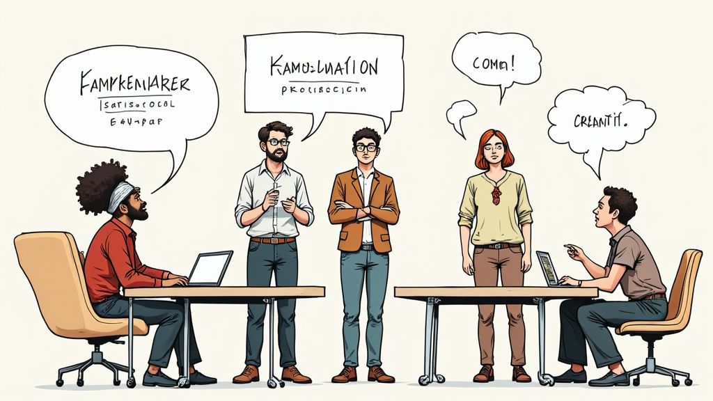 Eine Gruppe junger Absolventen diskutiert in einem modernen Büro.