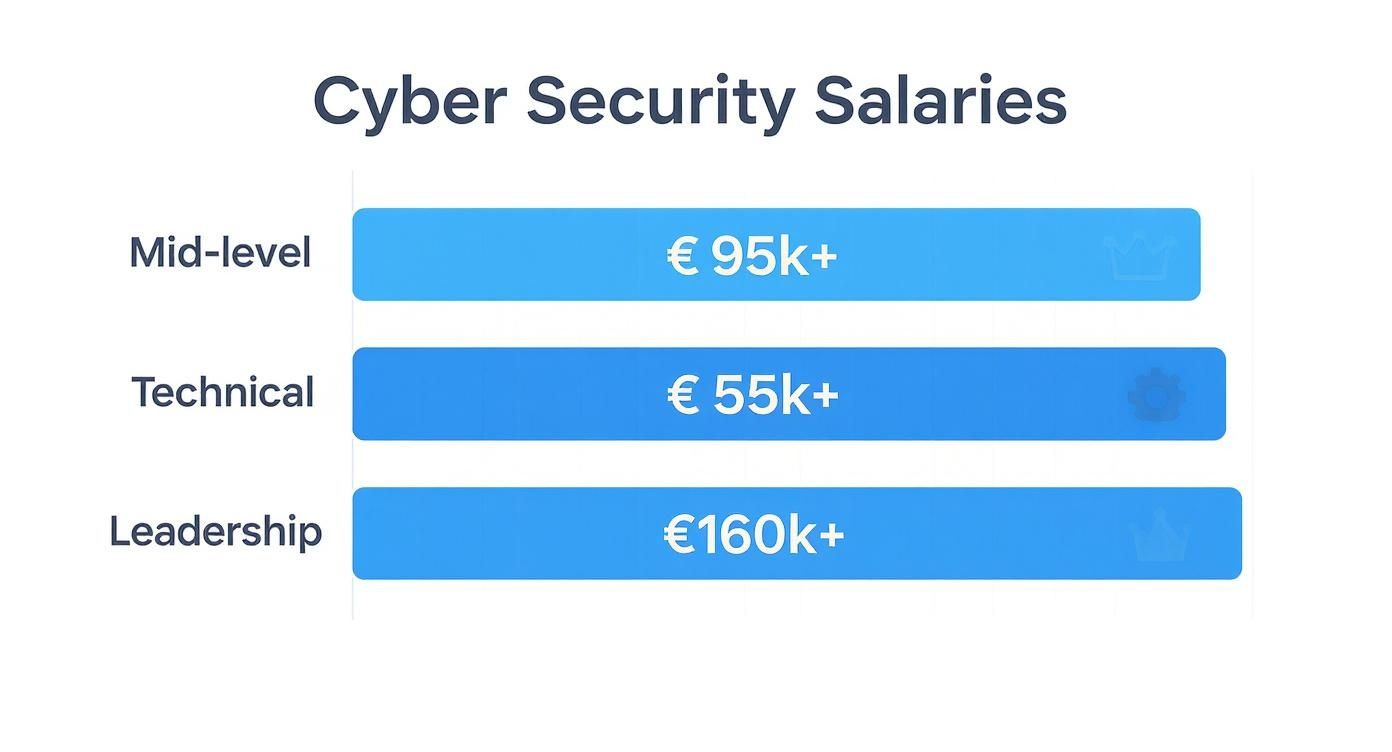 Cyber security salary ranges displayed for technical, mid-level, and leadership positions in euros