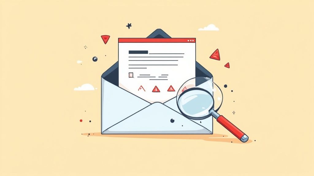 A magnifying glass hovering over a computer screen showing a job application, symbolising the search for scams.