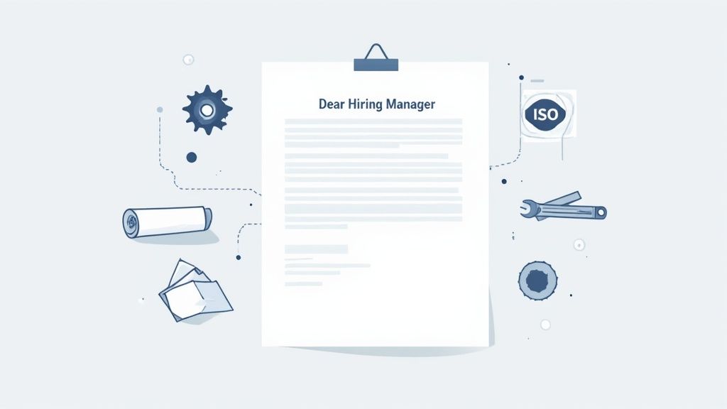 A professional cover letter with 'Dear Hiring Manager' on a desk surrounded by work-related icons like a gear, wrench, and ISO logo.