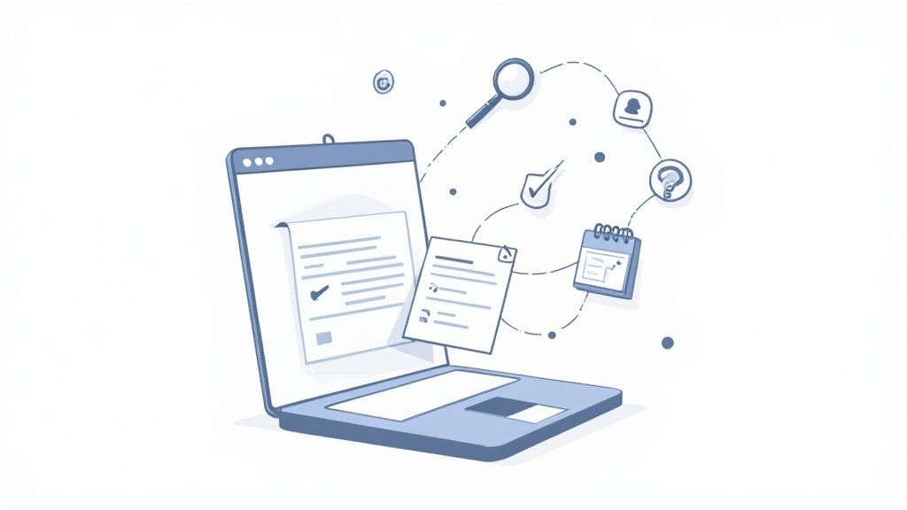 An illustration of a laptop with documents and various icons representing data processing and workflow.