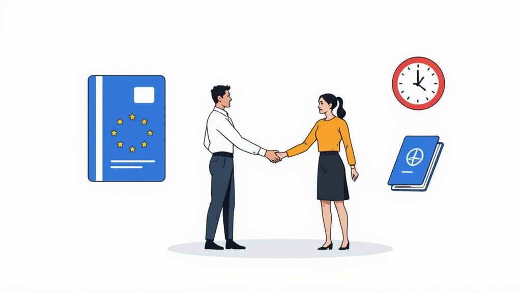 A diverse group of professionals collaborating in a bright, modern German office.