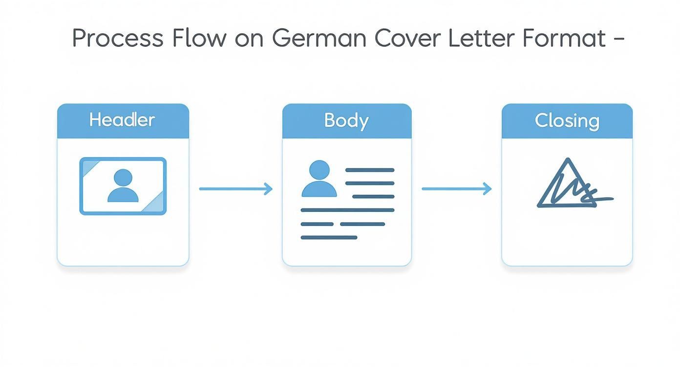 Process flow diagram showing three stages of German cover letter format: header, body, and closing