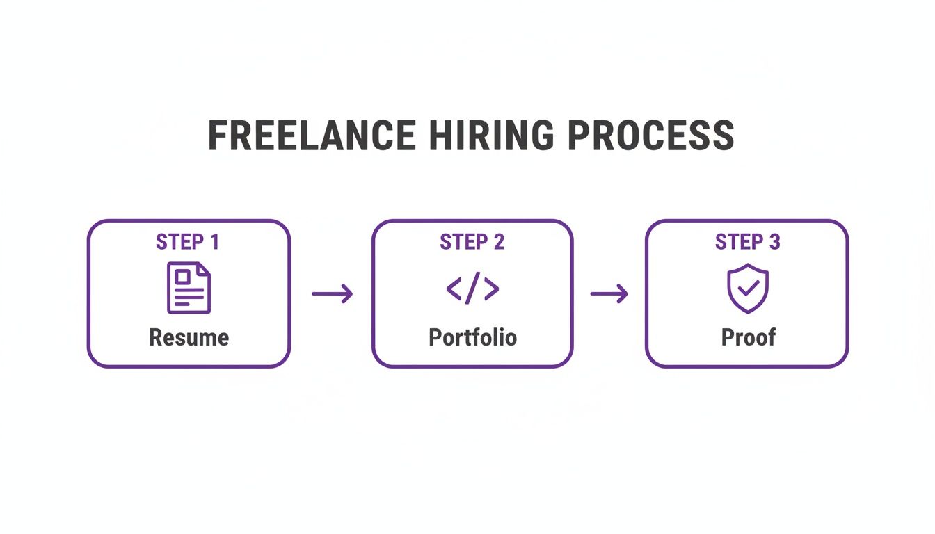 A visual guide illustrating the freelance hiring process with three steps: Resume, Portfolio, and Proof.
