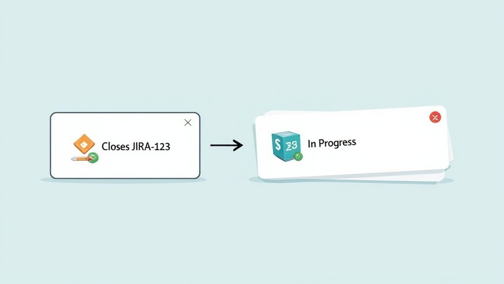 Diagram showing a Jira task closing, leading to an 'In Progress' state for a financial item.