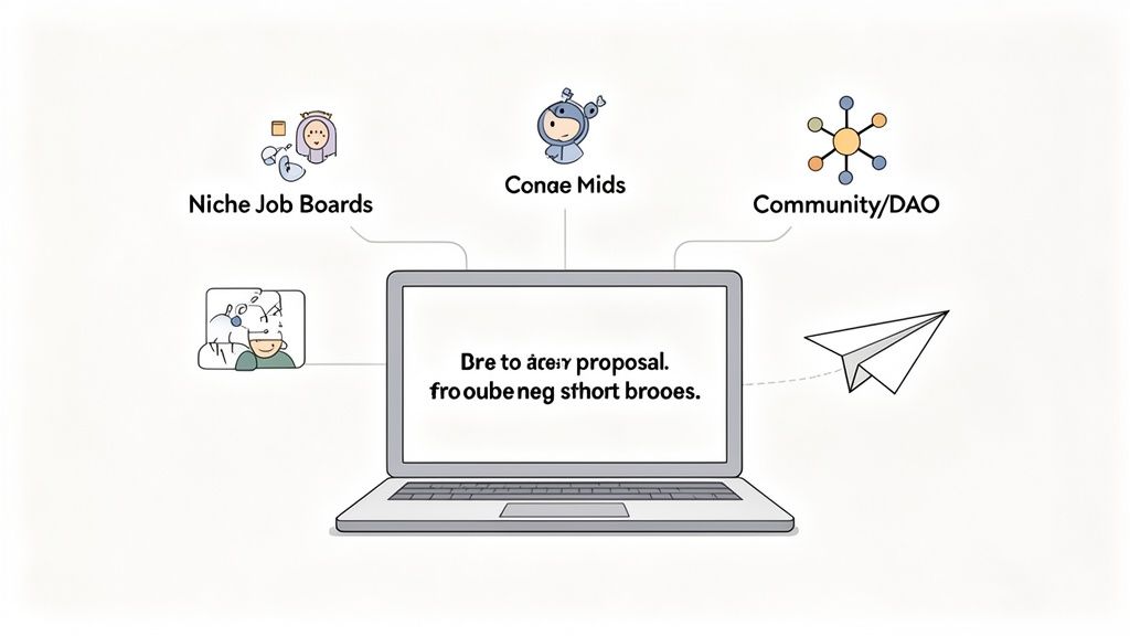 Diagram showing a laptop connected to niche job boards, Conae Mids, and Community/DAO for proposals.