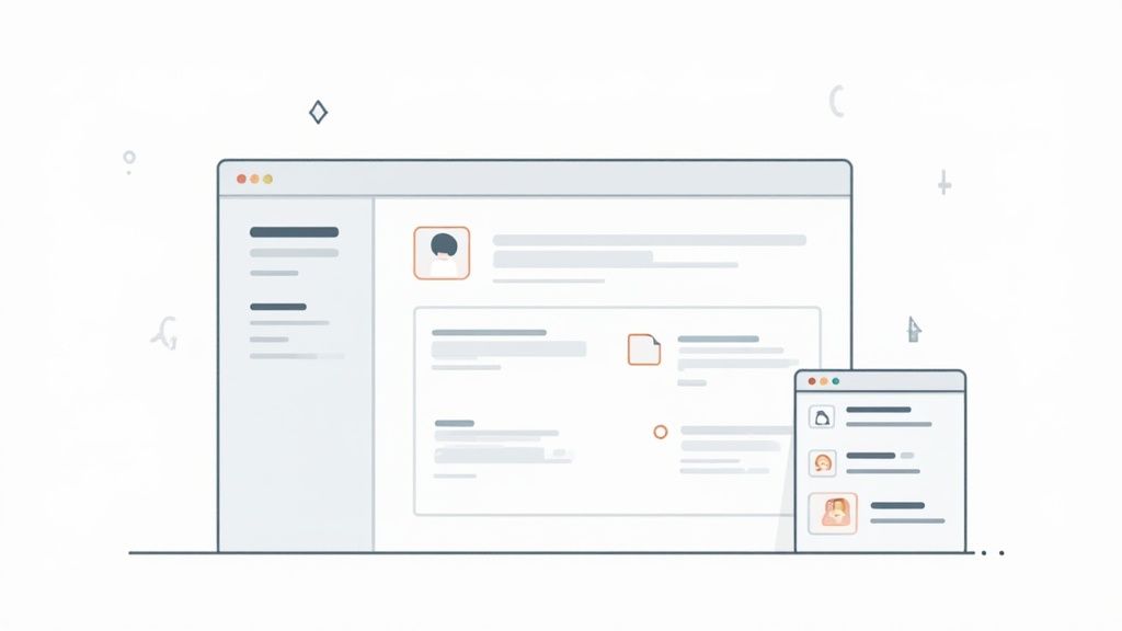 A minimalistic illustration of two overlapping web application interfaces with user profiles, documents, and a cursor.