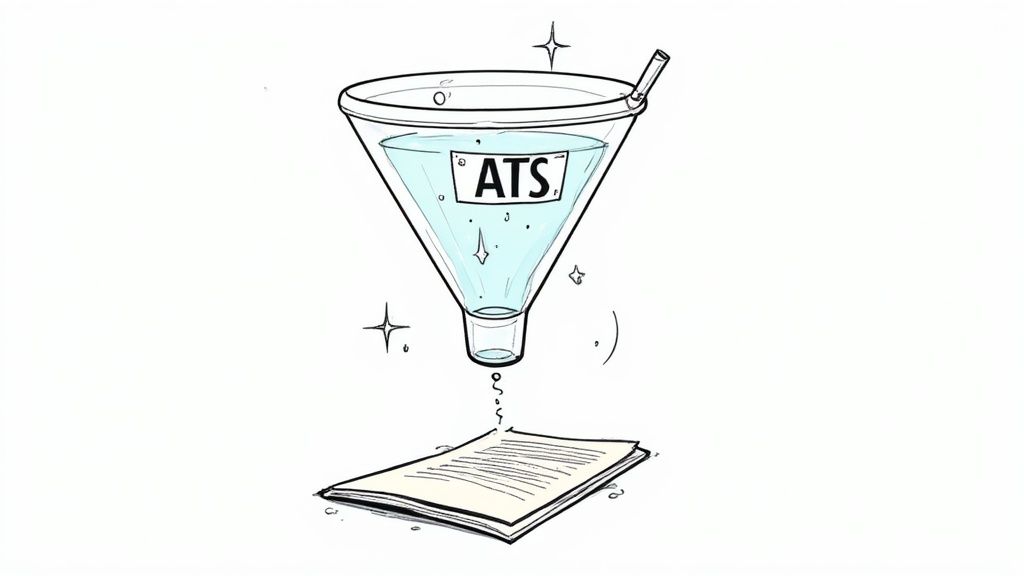 A magnifying glass hovering over a cover letter, highlighting keywords, with small warning signs next to common mistakes.