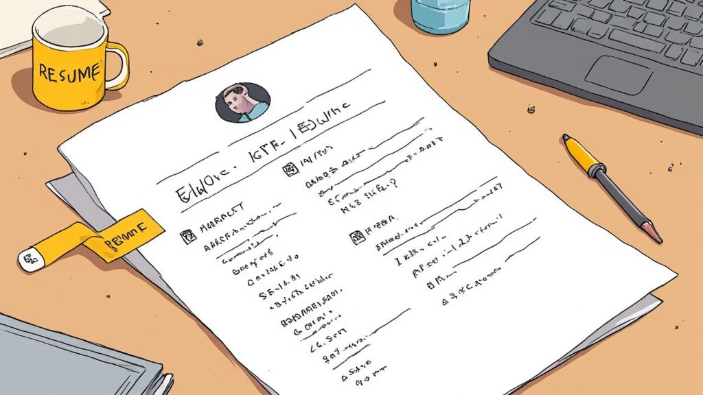 A close-up view of a resume document on a desk next to a 'RESUME' mug, laptop, and pen.