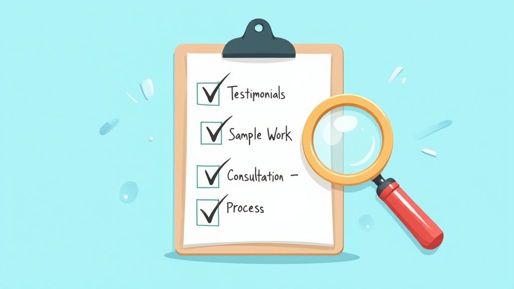 A person using a magnifying glass to inspect an application document on a laptop screen