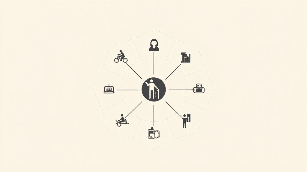 Eine Grafik zeigt eine Landkarte Deutschlands mit hervorgehobenen Wirtschaftsregionen und Symbolen für verschiedene Branchen.